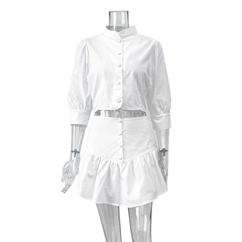 Summer White Lantern Sleeve Shirt & Skirt Two-Piece Casual Office Set 10