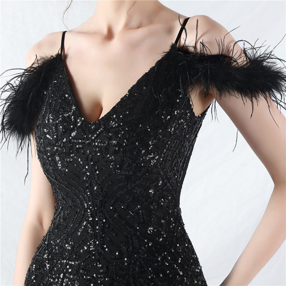 Strap V-Neck Feather Formal Party Evening Dress 28