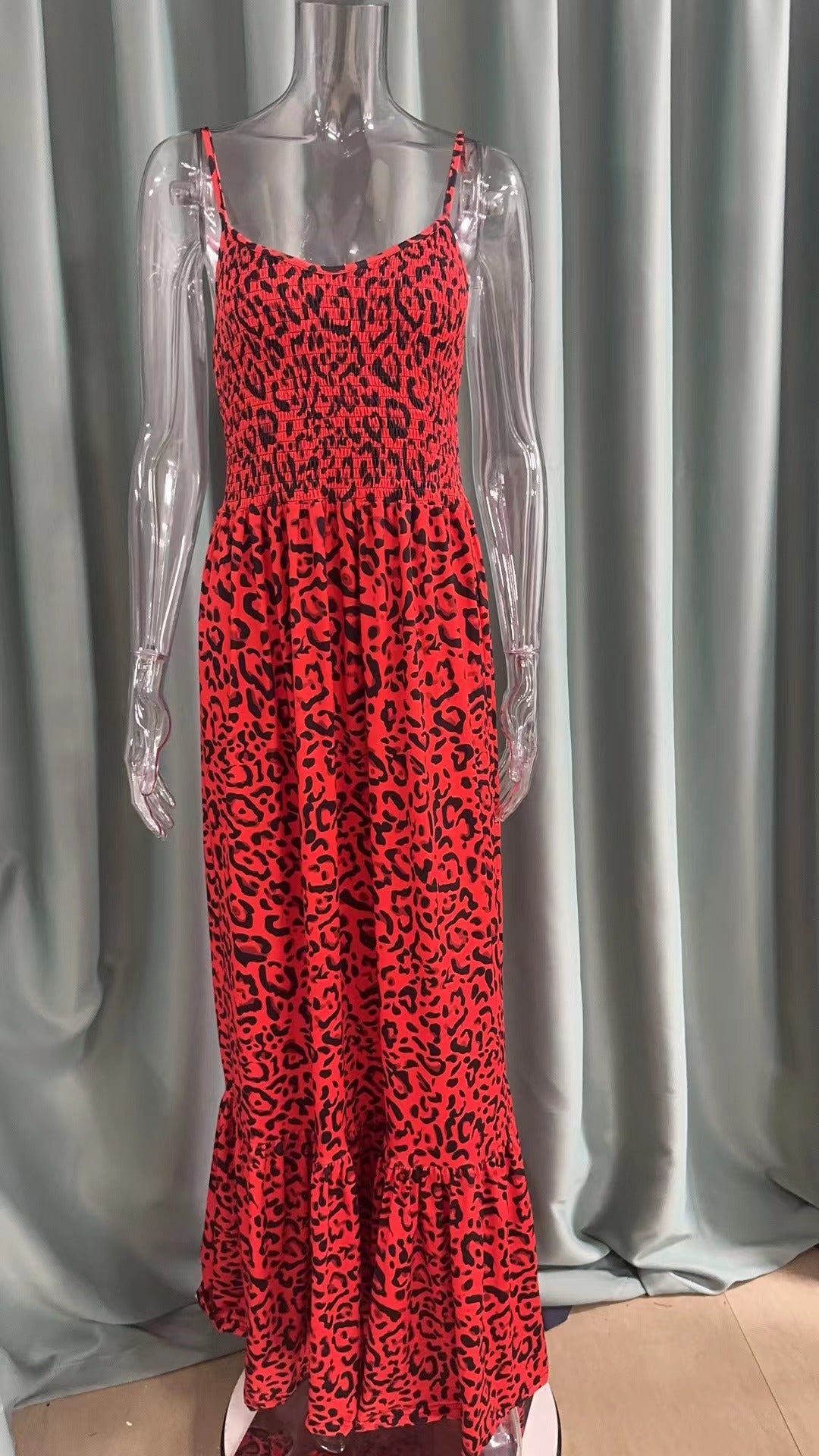 Summer Leopard Print V Neck Dress High Waist Sexy Chic Fashion Long Dress 19
