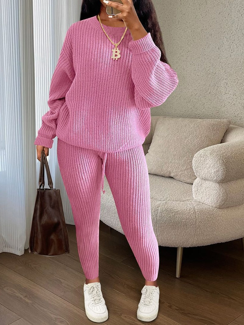 Fashion Casual Knitting Two Piece Pants Set Solid Long Sleeve Loose Sweater Trouser Suits Women's Clothing 16