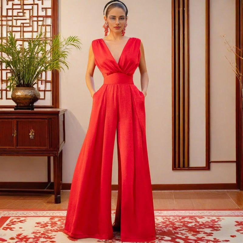Women v-neck French wide-leg jumpsuit 7