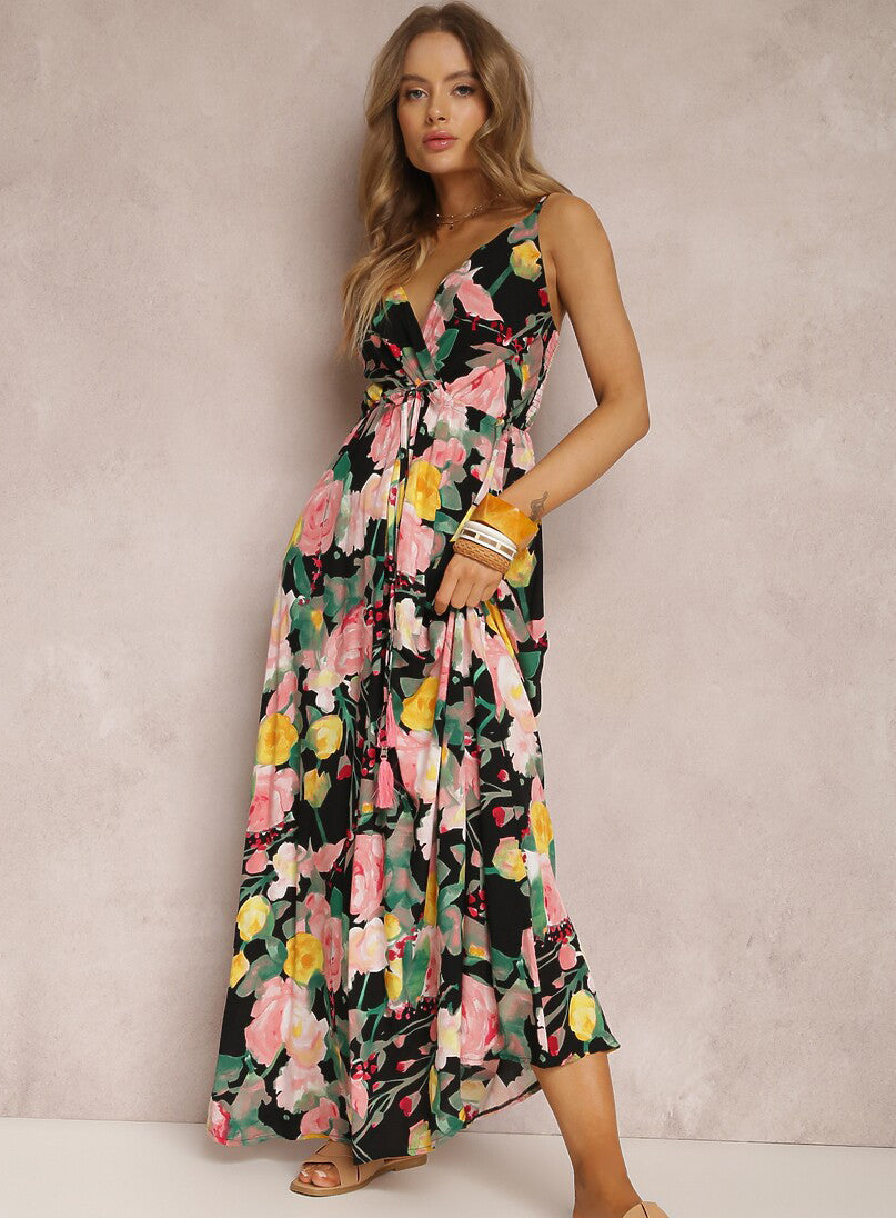 Spring Summer Women's Fashion Printed Sexy Strap Deep V Neck Low Back Long Dress