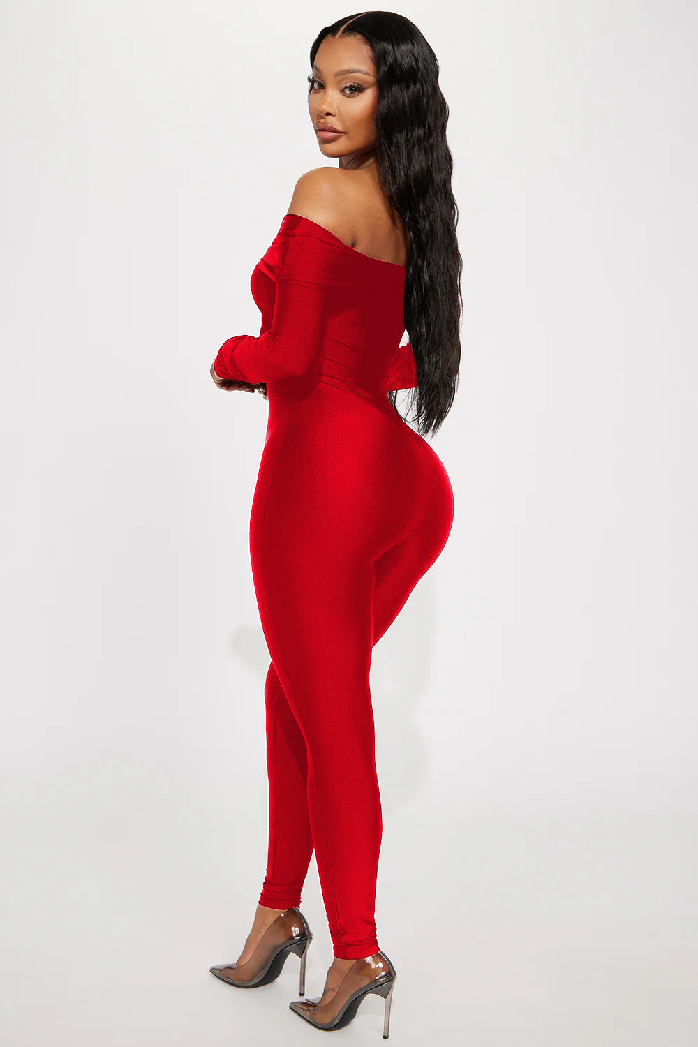 Sexy Women's Solid Color Off Shoulder Hollow Long Sleeve Tight Slim Jumpsuit 15