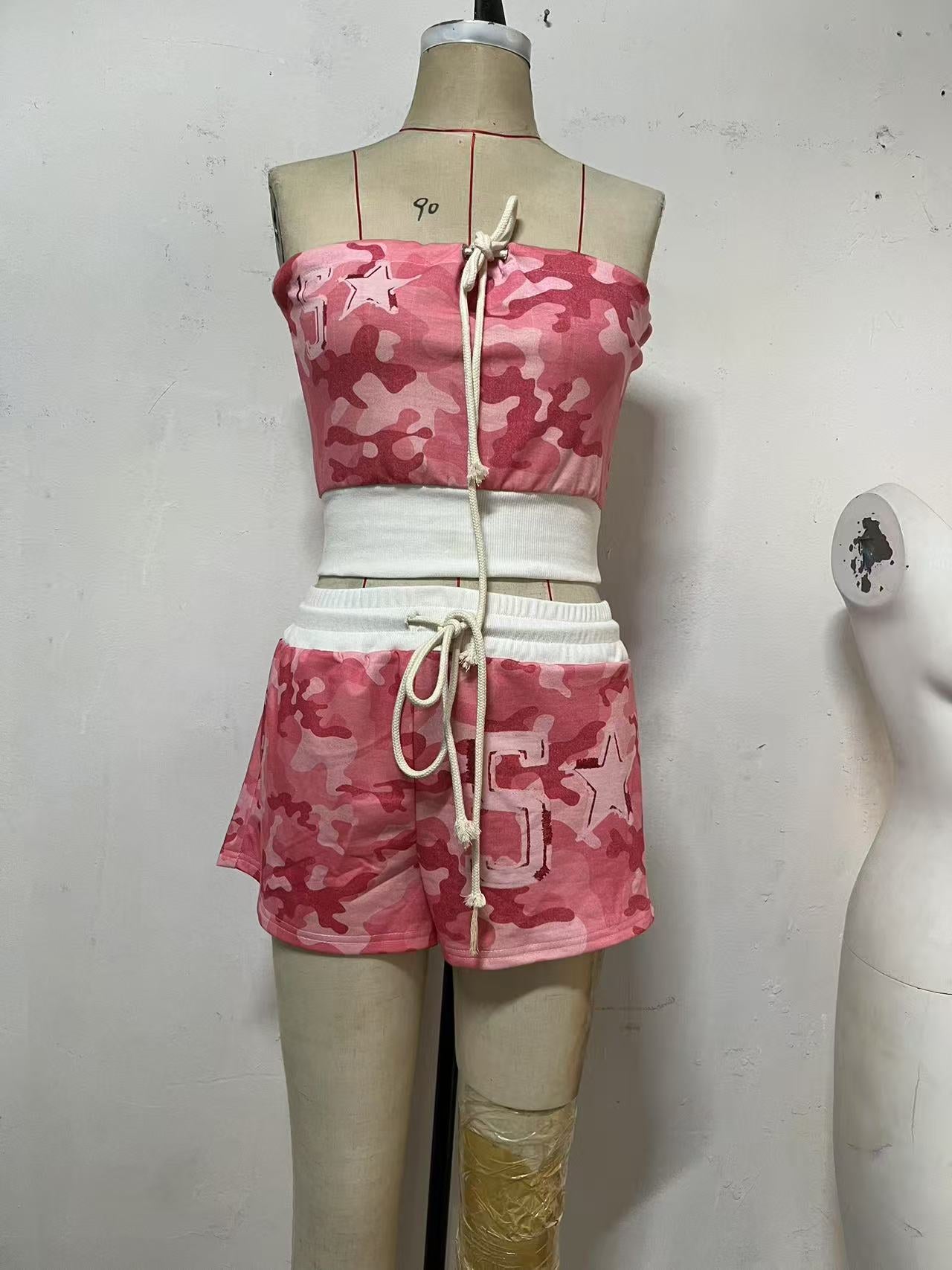 American Streetwear Color-Block Camo Strapless Top & Jogger Shorts Set