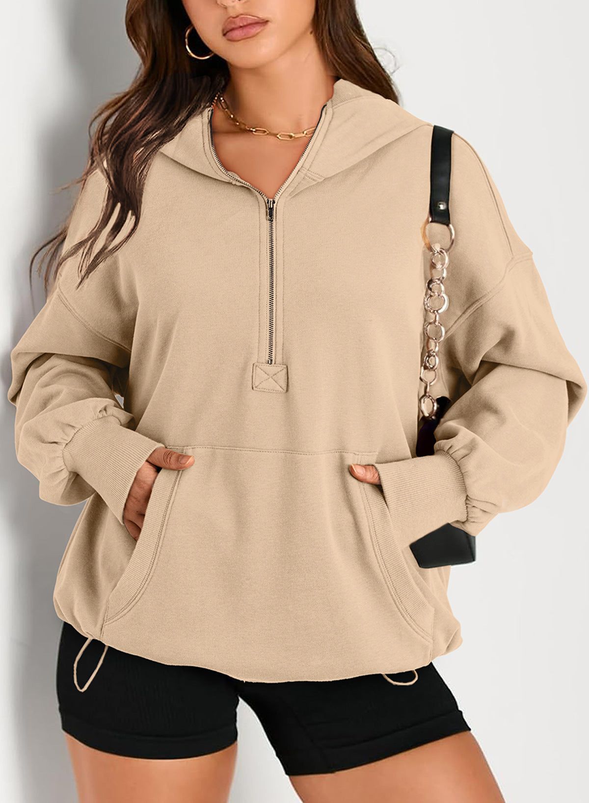 Autumn and winter women's solid color long-sleeved hooded zippered pocket hoodies 8