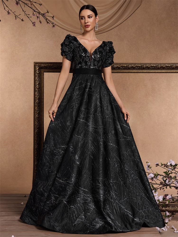 Women's Elegant Chic Sequin Patchwork Short Sleeve Cocktail Formal Evening Dress 5