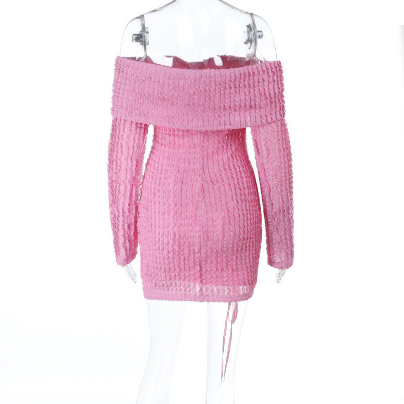 Women Elegant Jacquard Off-Shoulder Wave Pattern Long-Sleeved Dress 8