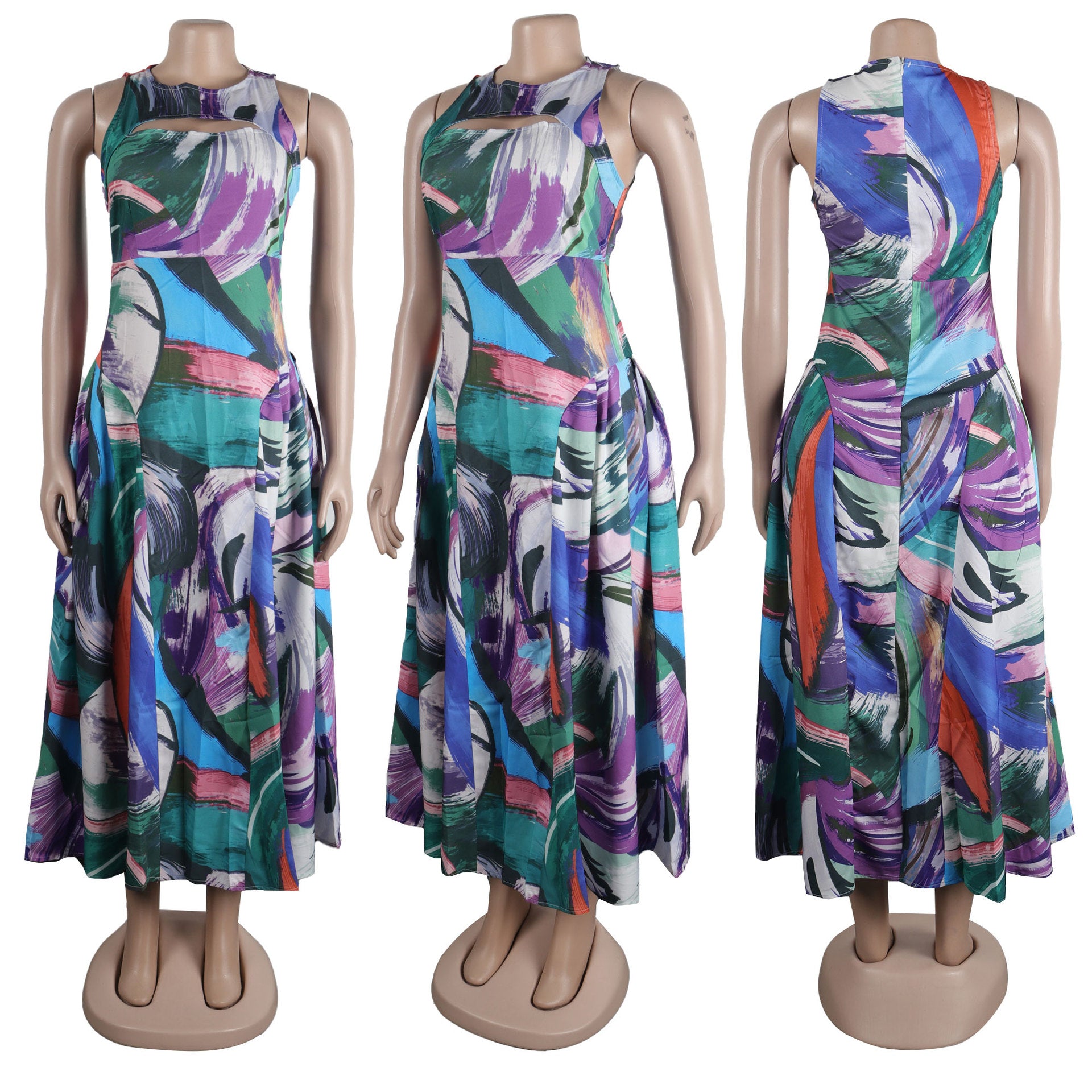 Fashion Sexy Slim Fit Hollow Printed Patchwork Sleeveless A-Line Dress 9