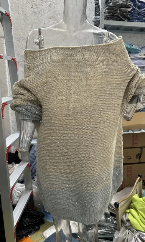 Women Solid Sequins Off Shoulder Loose Sweater 8