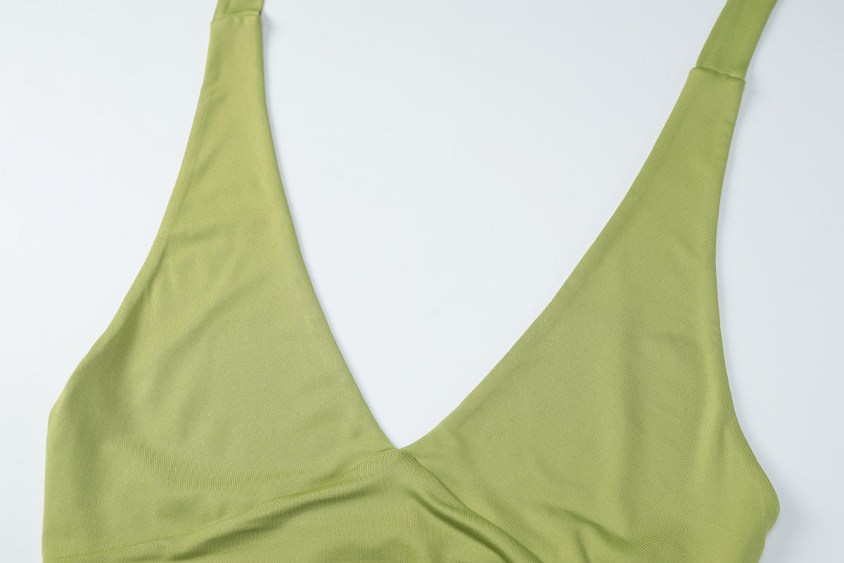 Women Sexy V-Neck Pleated Long Mesh Slit Halter Neck Dress 10