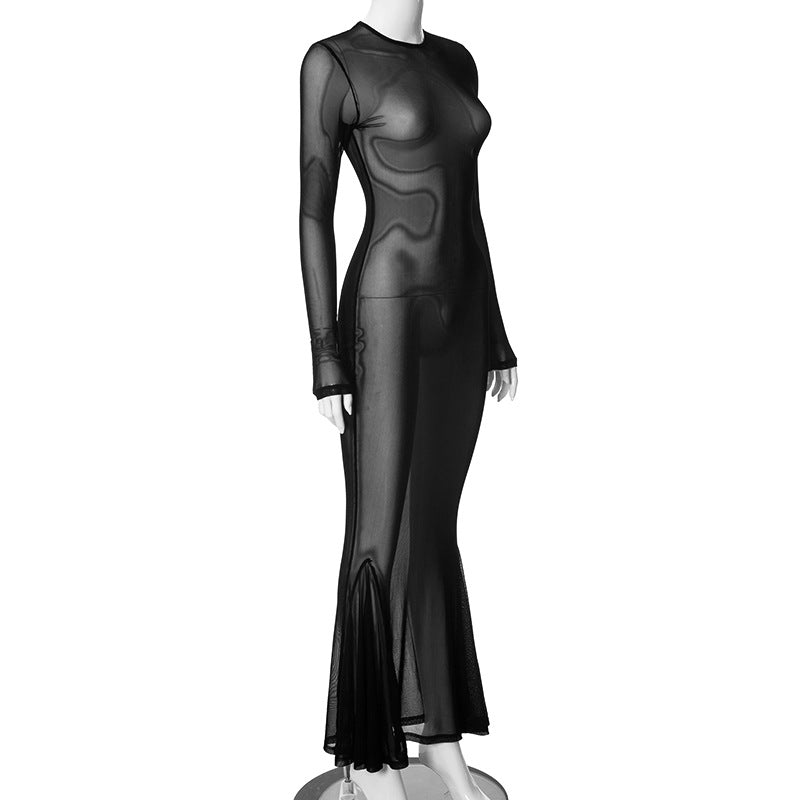 Spring Women's Fashionable Sexy See-Through  Mesh Long-Sleeved Slim Dress 7