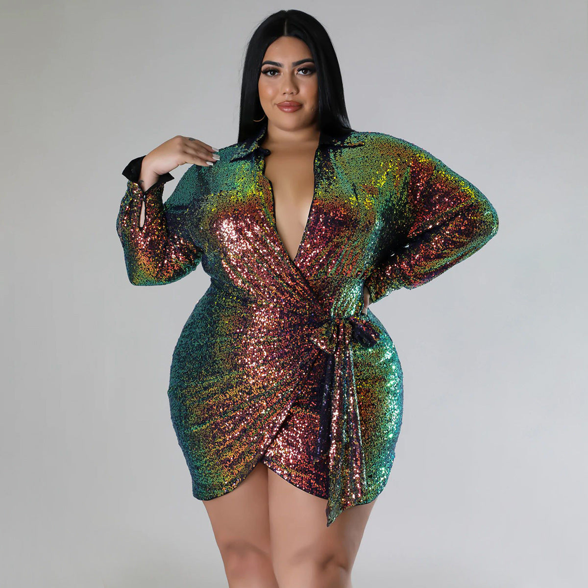 Women Sexy Sequin Shiny Long Sleeve Lace Up Dress 3