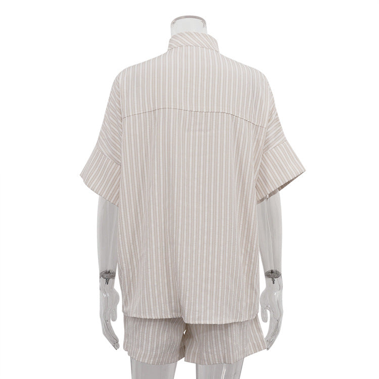 Stand Collar Short Sleeve Striped Shirt Loose Shorts Comfortable Casual Two-Piece Set 7