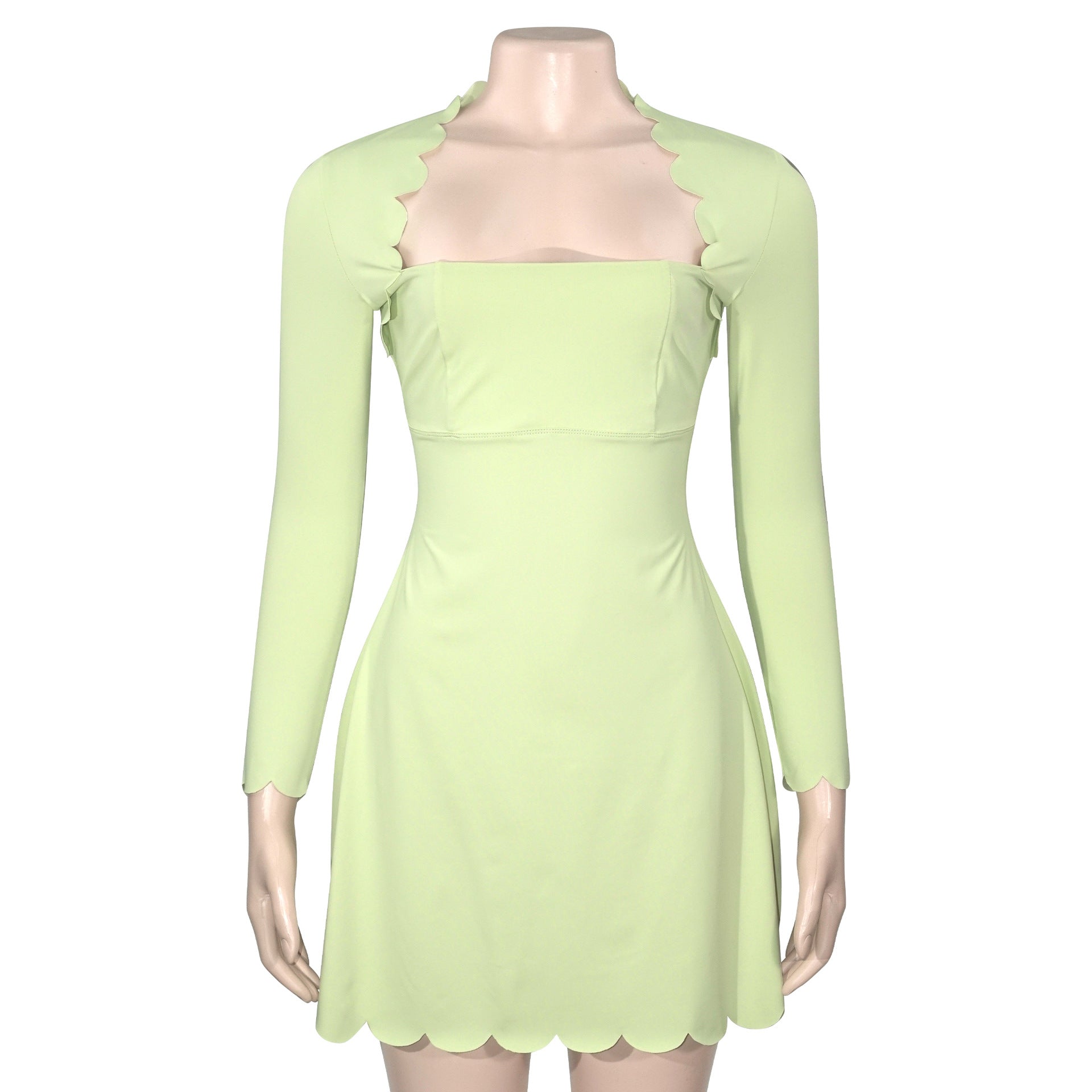 Spring women's square neck slim fit long sleeve solid short dress 10