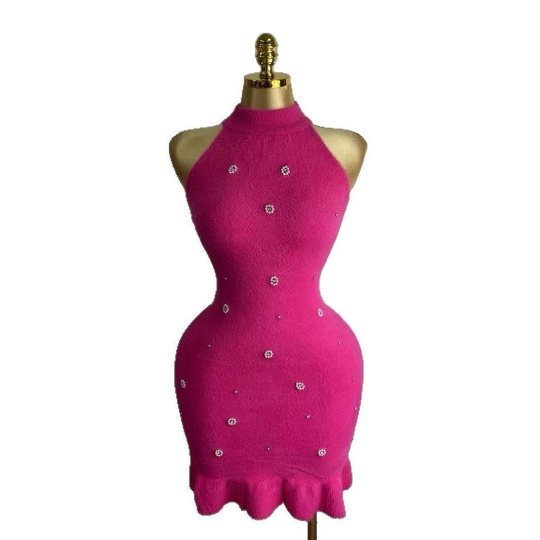 Women beaded Halter Neck sleeveless knitting dress 11