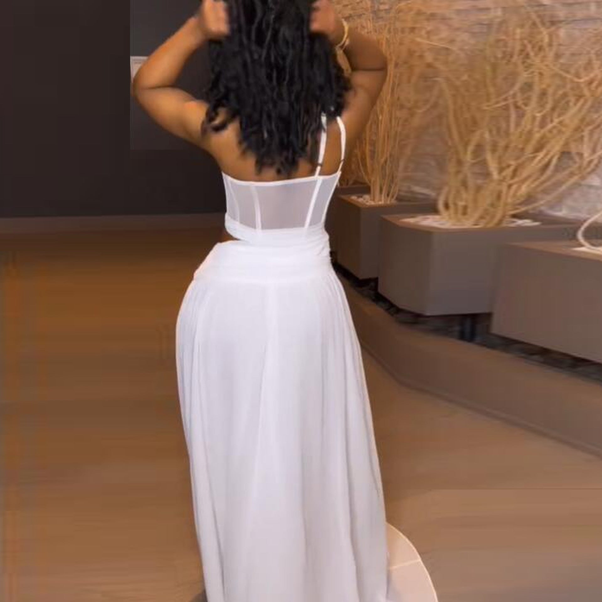 Sexy Solid See-Through One Shoulder Two Piece Skirt Set 4