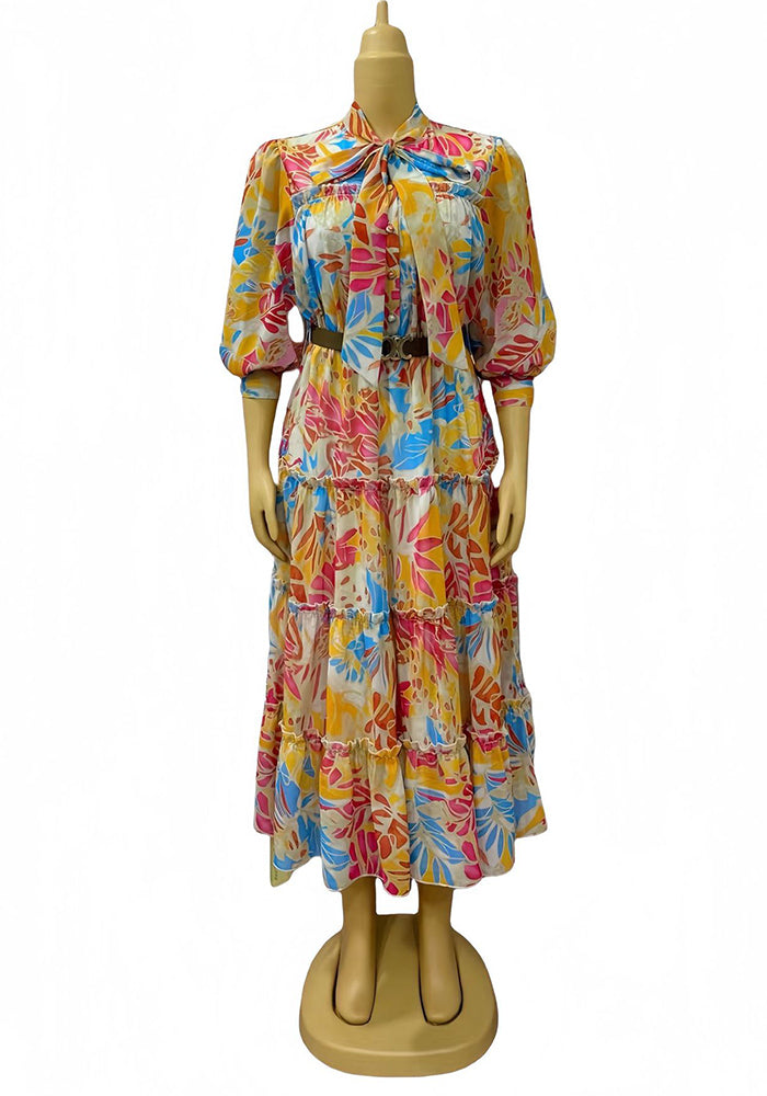 Women's Fashion Bow Collar Color-block Pleated Print Dress with Belt