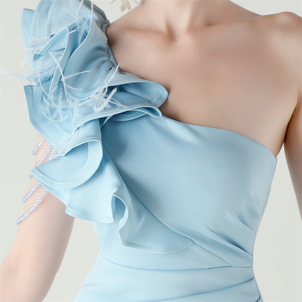 Women One-Shoulder Beaded Wool and Floral Satin Slit Sexy Evening Dress 49