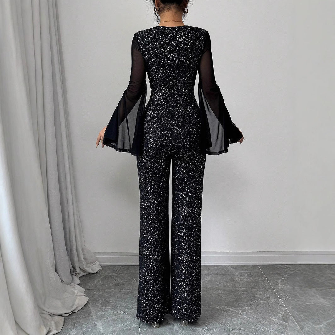 Women Elegant Slit Mesh Knitting Jumpsuit