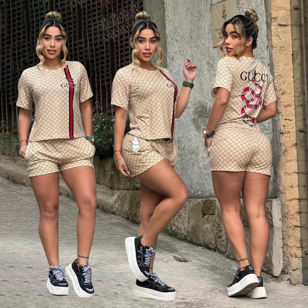 Women's Summer Fashion Casual Short Sleeve Pocket Two-Piece Shorts Set