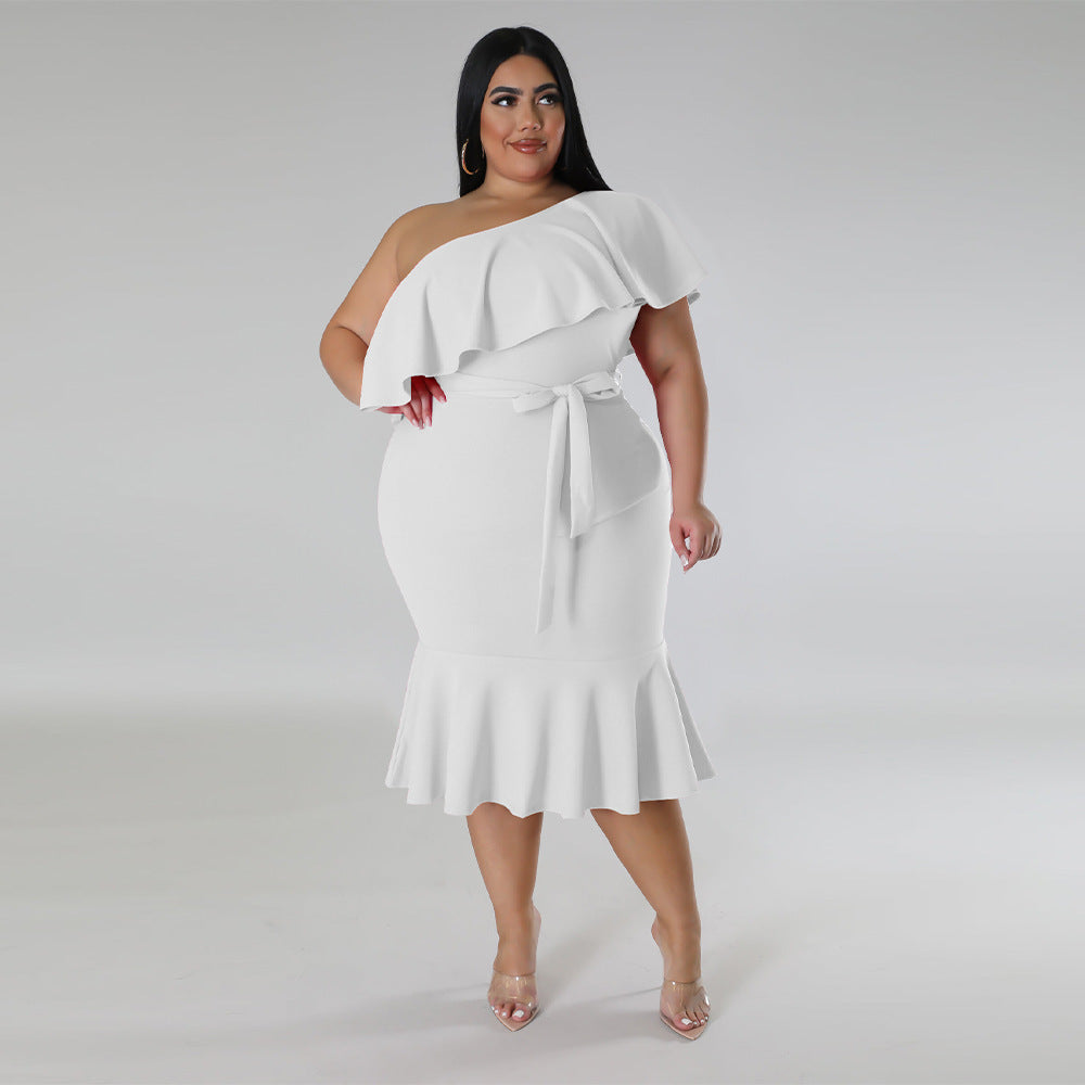 Plus Size Women'S Fashion Fit Casual Ruffle One Shoulder Midi Dress 6