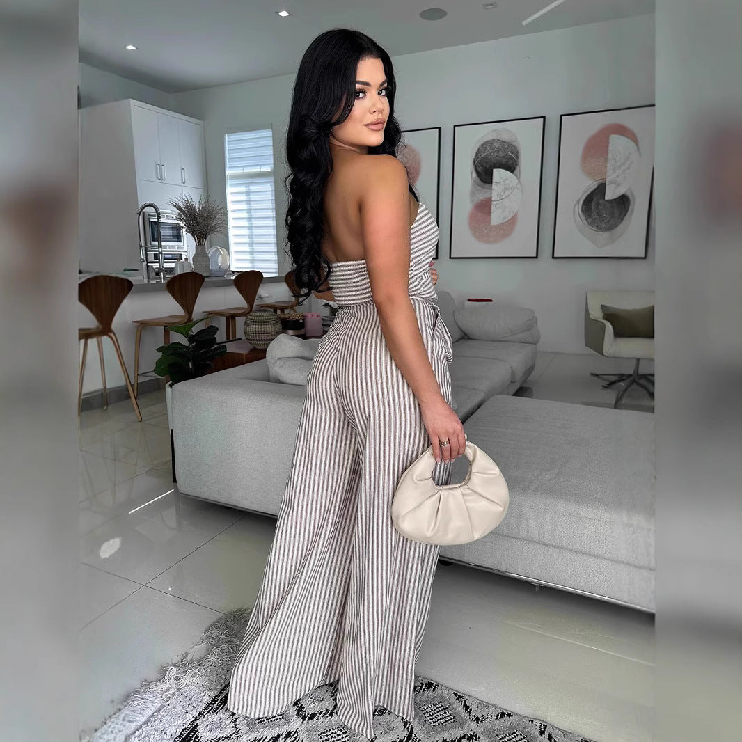 Women Backless Striped Sleeveless Strapless Top and Pants Two-piece Set 4