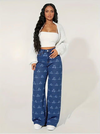 Women Stretch Butterfly Print Denim Wide-Leg Pants 5
