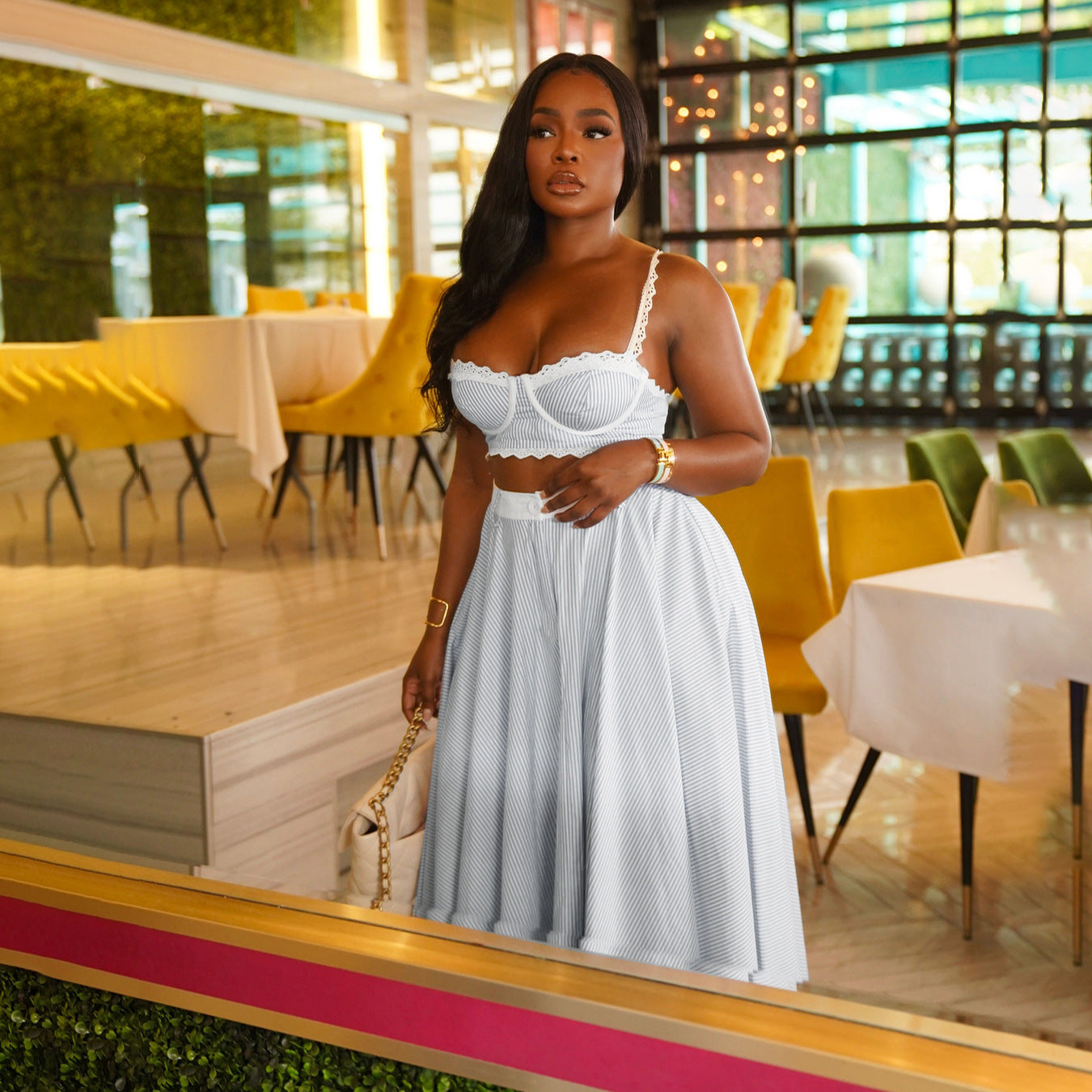 Summer Women's Lace Patchwork Strap Crop Top & High-Waist Skirt Set 4