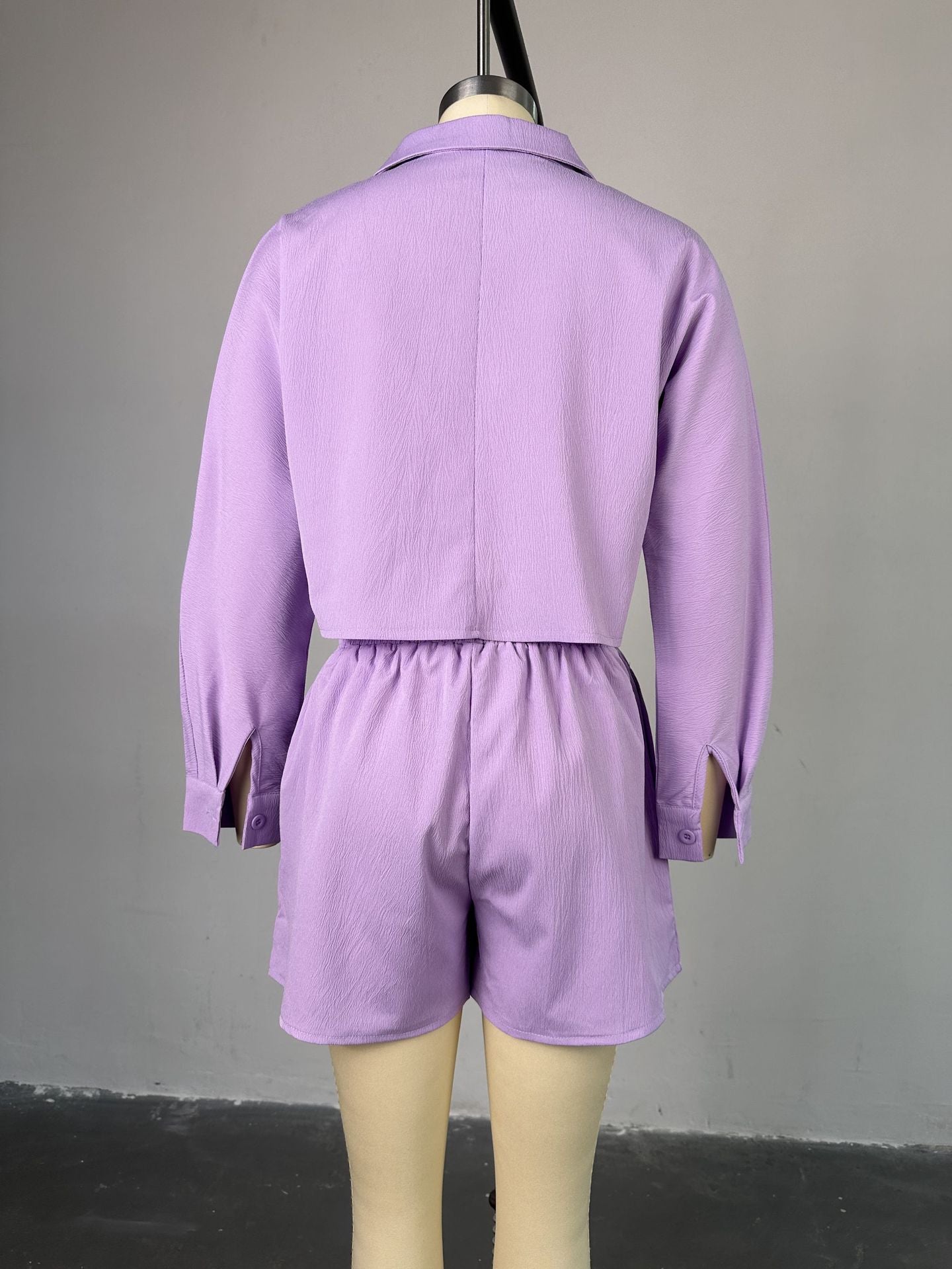 Women Summer Casual Turndown Collar long-sleeved shirt And drawstring shorts two-piece set 12