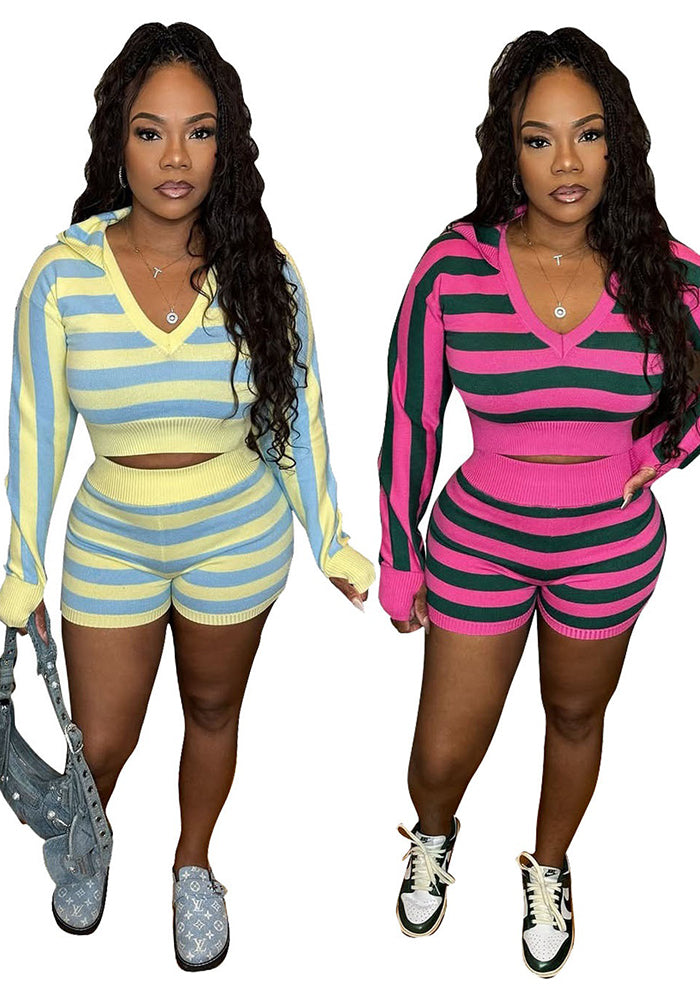 Women Casual Knitting Striped Long Sleeve Hooded Top and Shorts Two-Piece Set