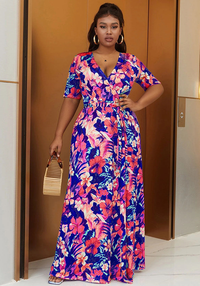 Plus Size Women Bohemian Beach Tie Dye Casual Slit Short Sleeve Maxi Dress 6