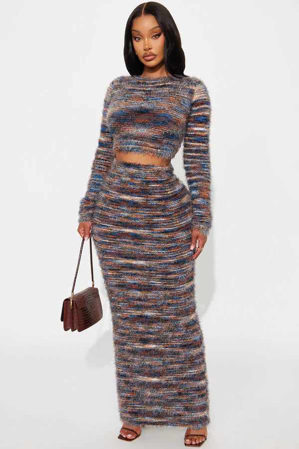 Women's Fashion Knitting Stripes Long Sleeve Two Piece Skirt Set