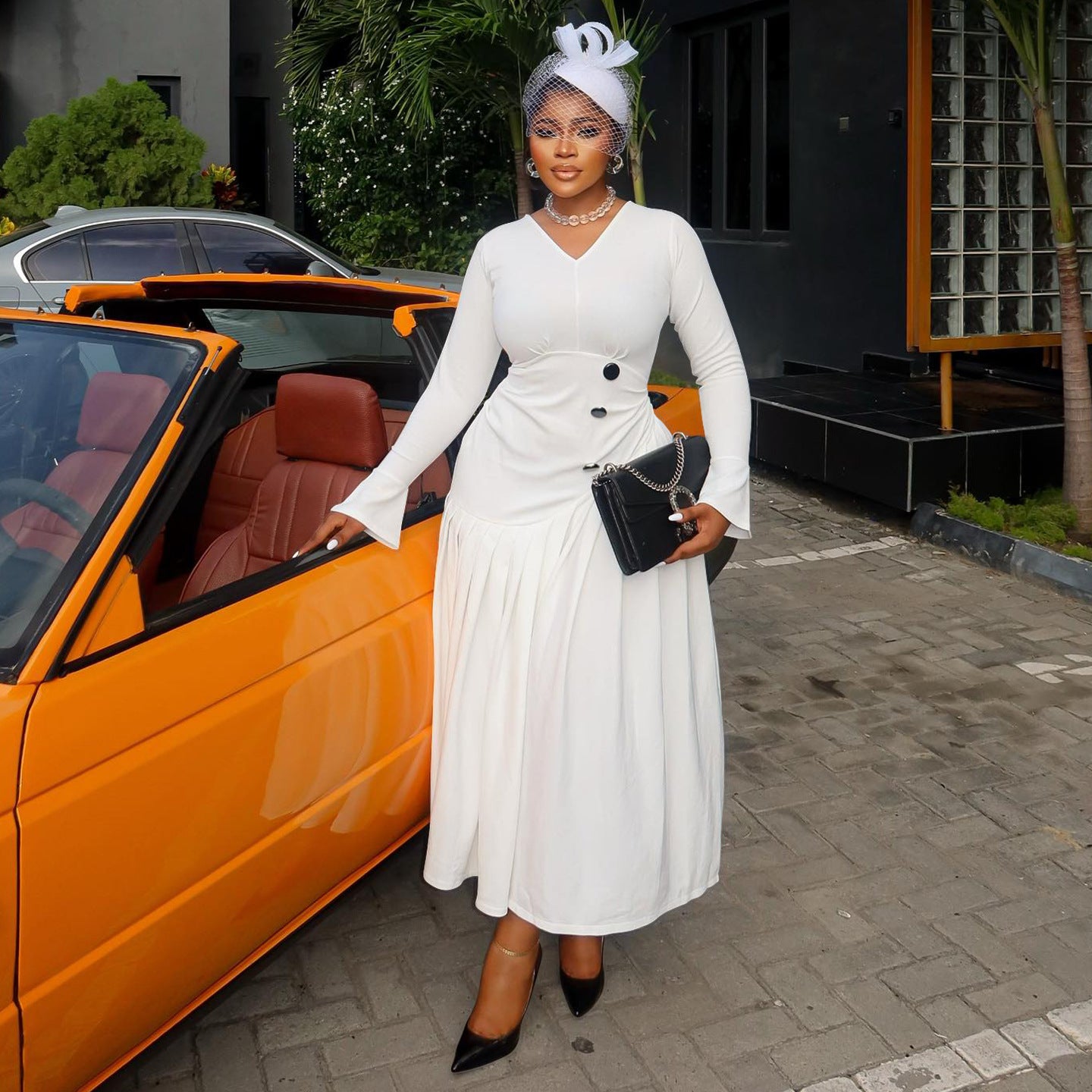 Plus-Size Women Autumn V-Neck Pleated Maxi Dress