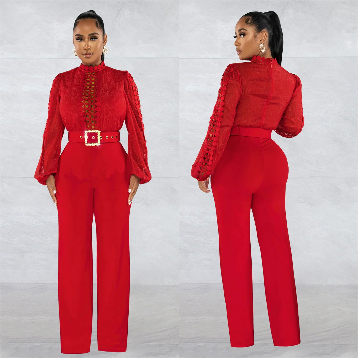Women Belt Lace Cutout Solid Long Sleeve Jumpsuit 5