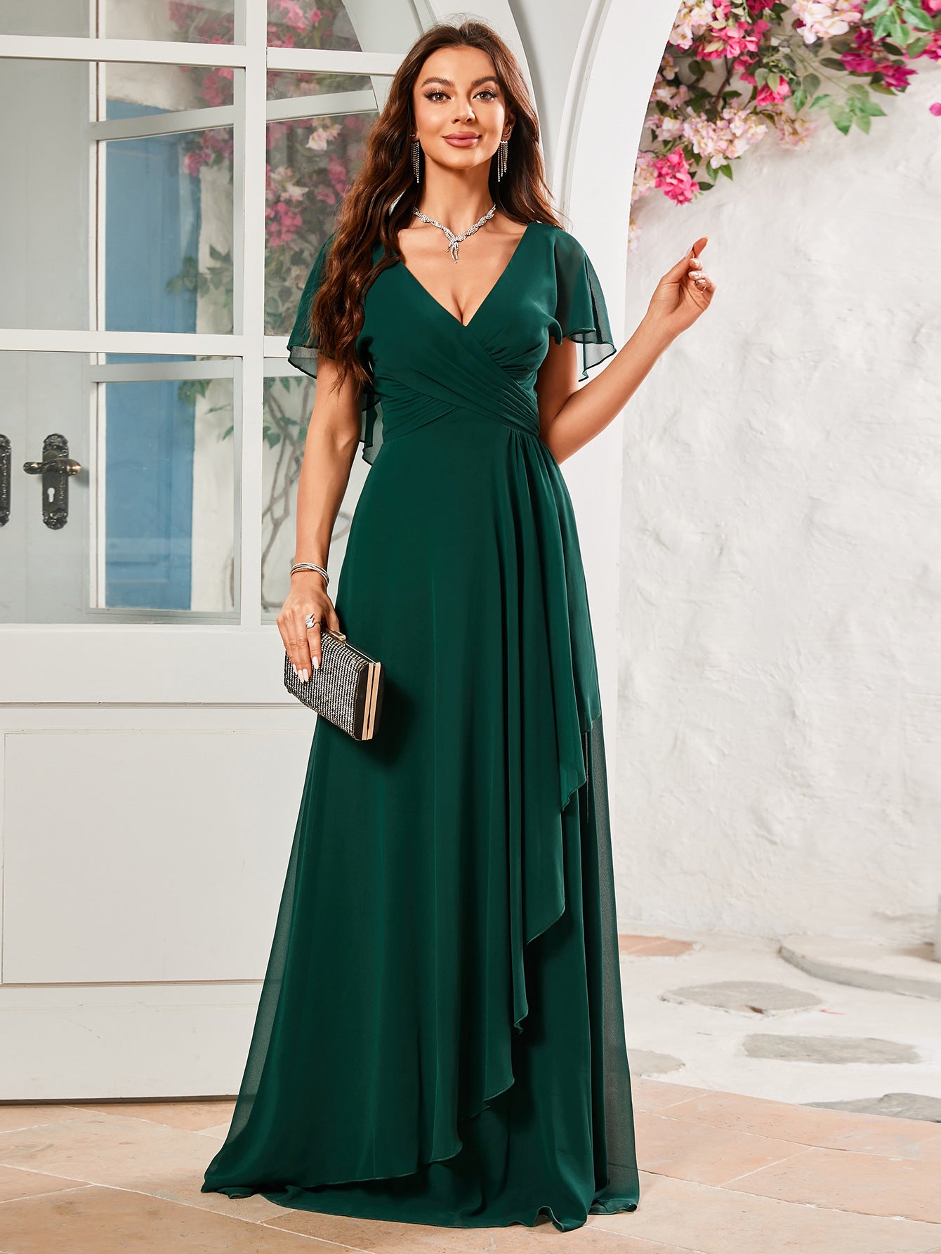 Women V-Neck Chiffon Ruffle Sleeve Pleated Irregular Bridesmaid Dress 5