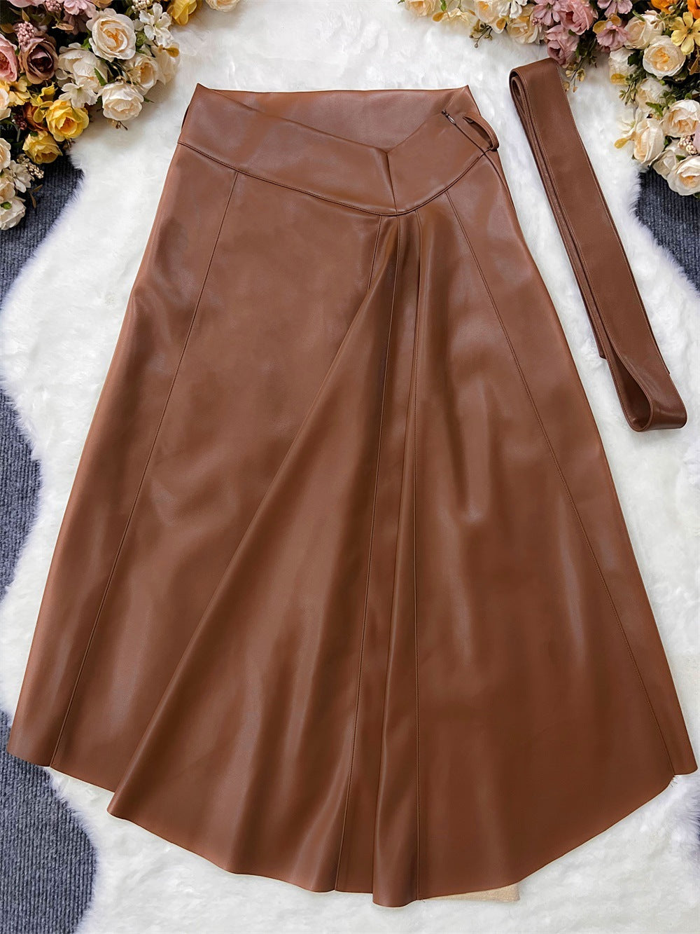 Pu Leather Fashion Trendy Autumn and Winter Women's Irregular Swing Skirt 11