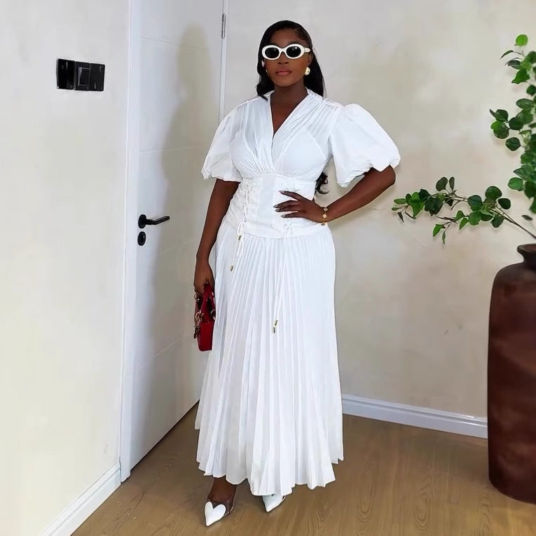 African Women's V-Neck Puff Sleeve Lace-Up Slim Waist Solid Color Trendy Pleated Maxi Dress