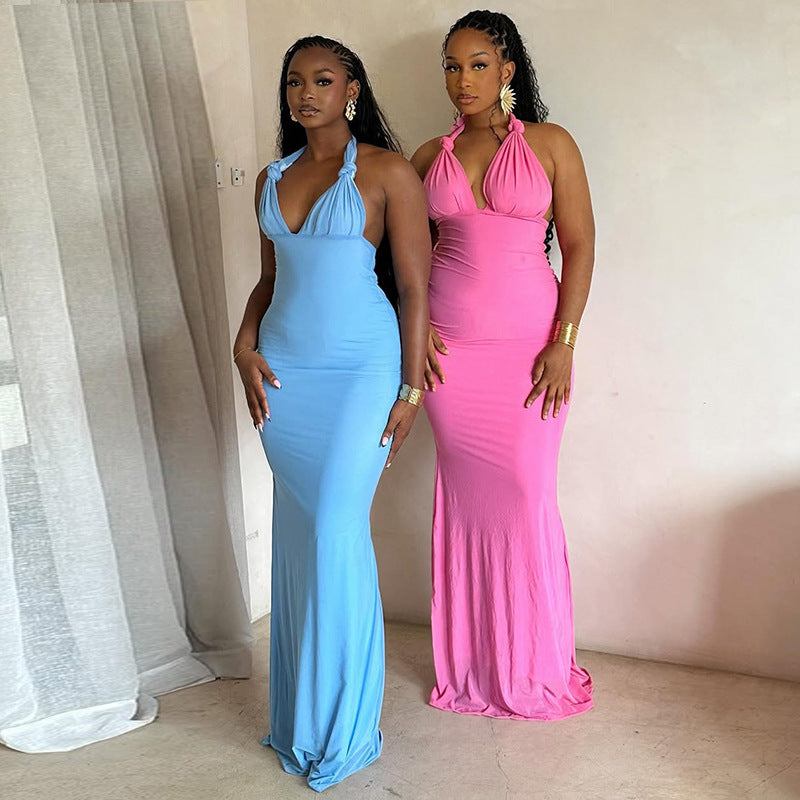 Women pleated solid V-neck backless bodycon dress 5