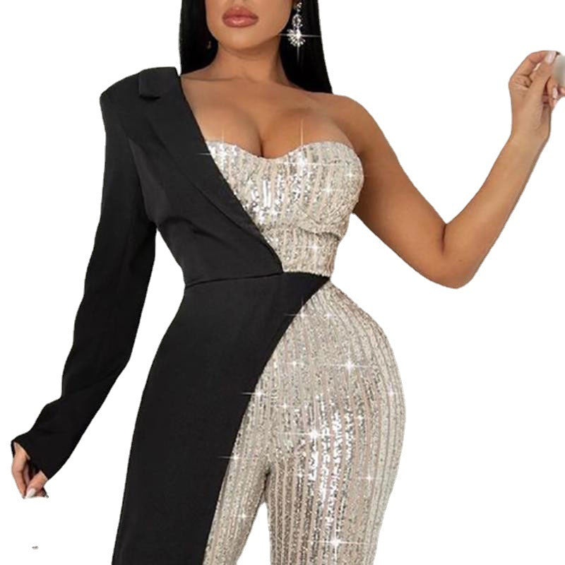Women Silver Patchwork Sequined One Shoulder Jumpsuit 4