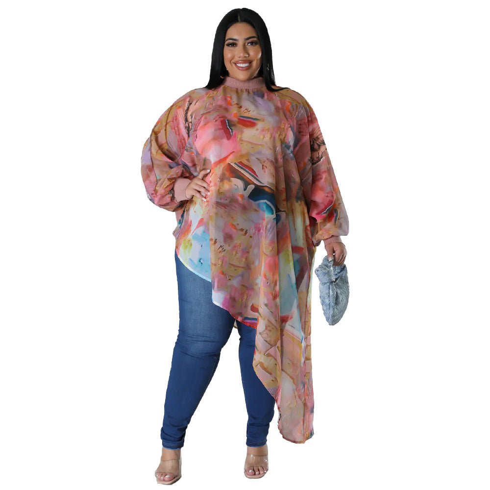 Plus Size Women Long Sleeve Round Neck Sexy Printed Chiffon Top