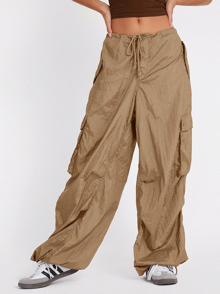 Large Pocket High Waist Casual Drawstring Slim Waist Cargo Pants For Women 3