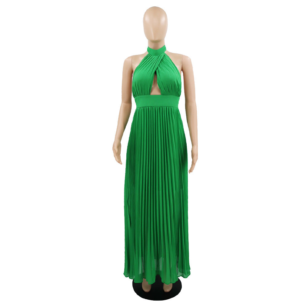 Sexy Halter Low Back Straps Solid Color Chiffon Pleated Dress 12