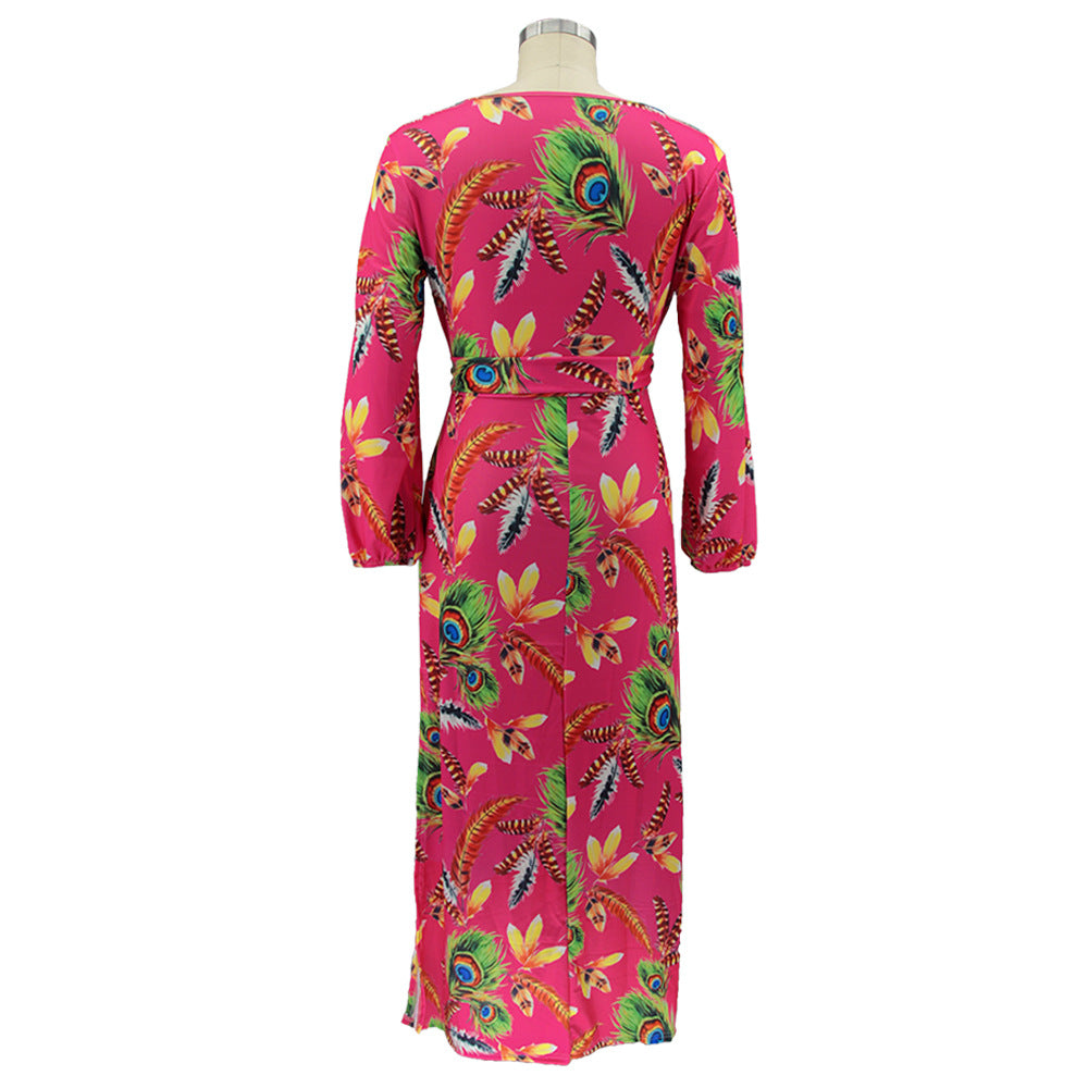 Plus Size Women Feather Print Sexy Slit Dress 24