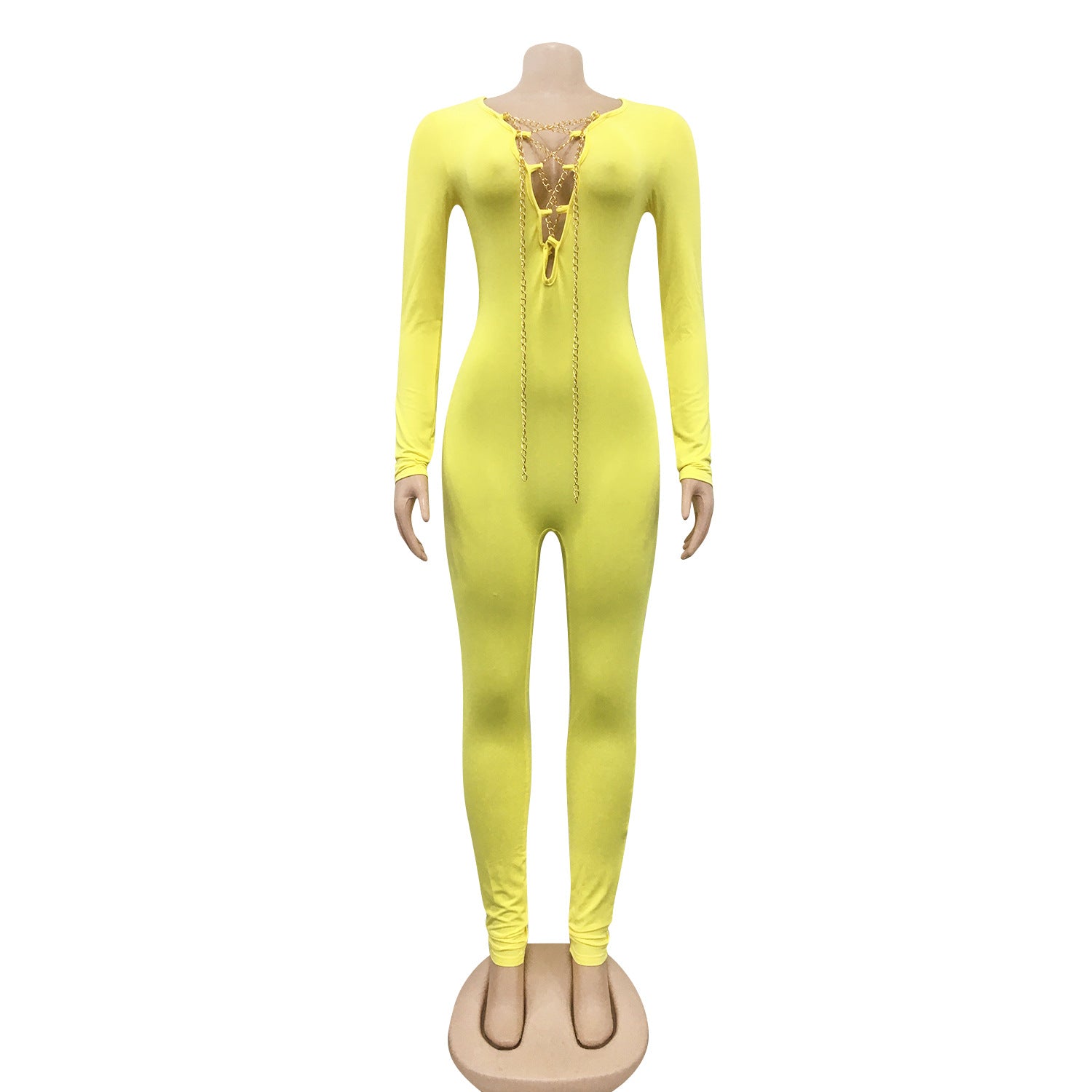 Women Sexy V-neck Chain Cross Lace Up Jumpsuit 10