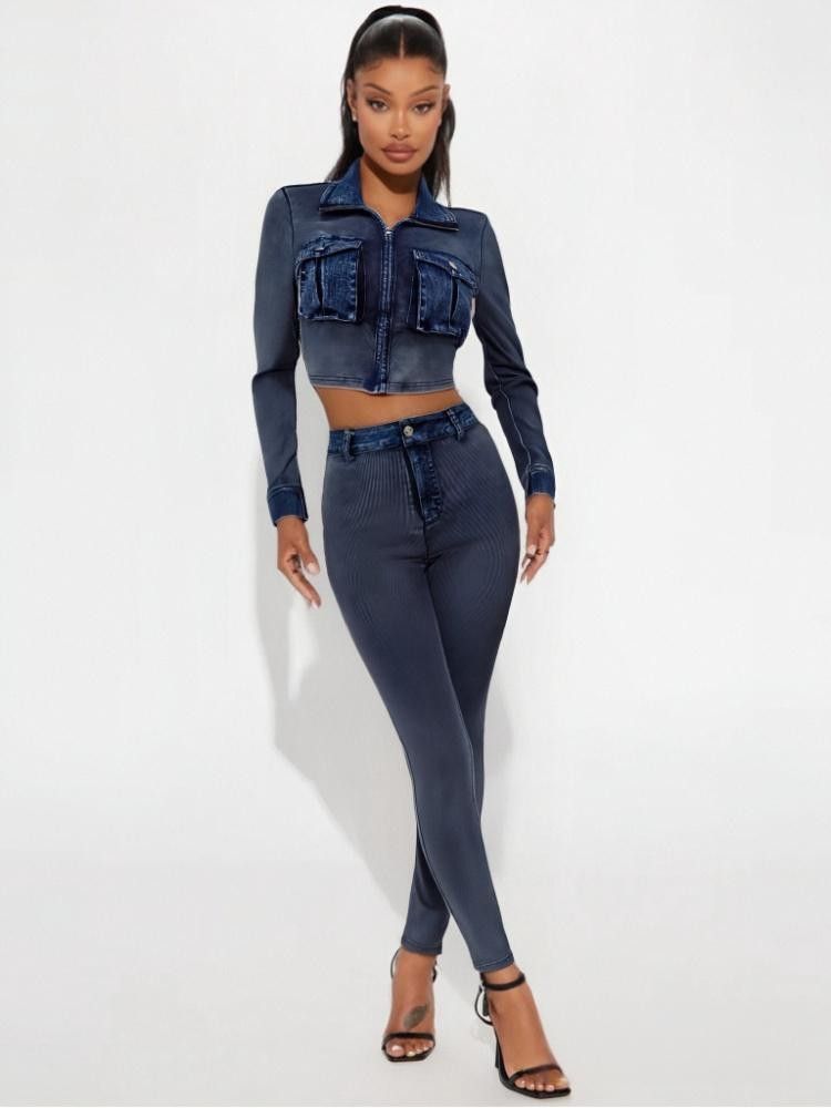 Women Denim Patchwork Ribbed Sretchy Long Sleeve Top and Pant Two-Piece Set 3