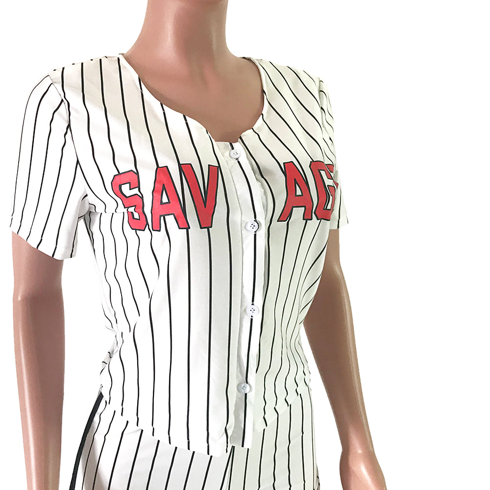 Women Sexy Women Striped Letter Baseball Top and Skirt Two-piece Set 57
