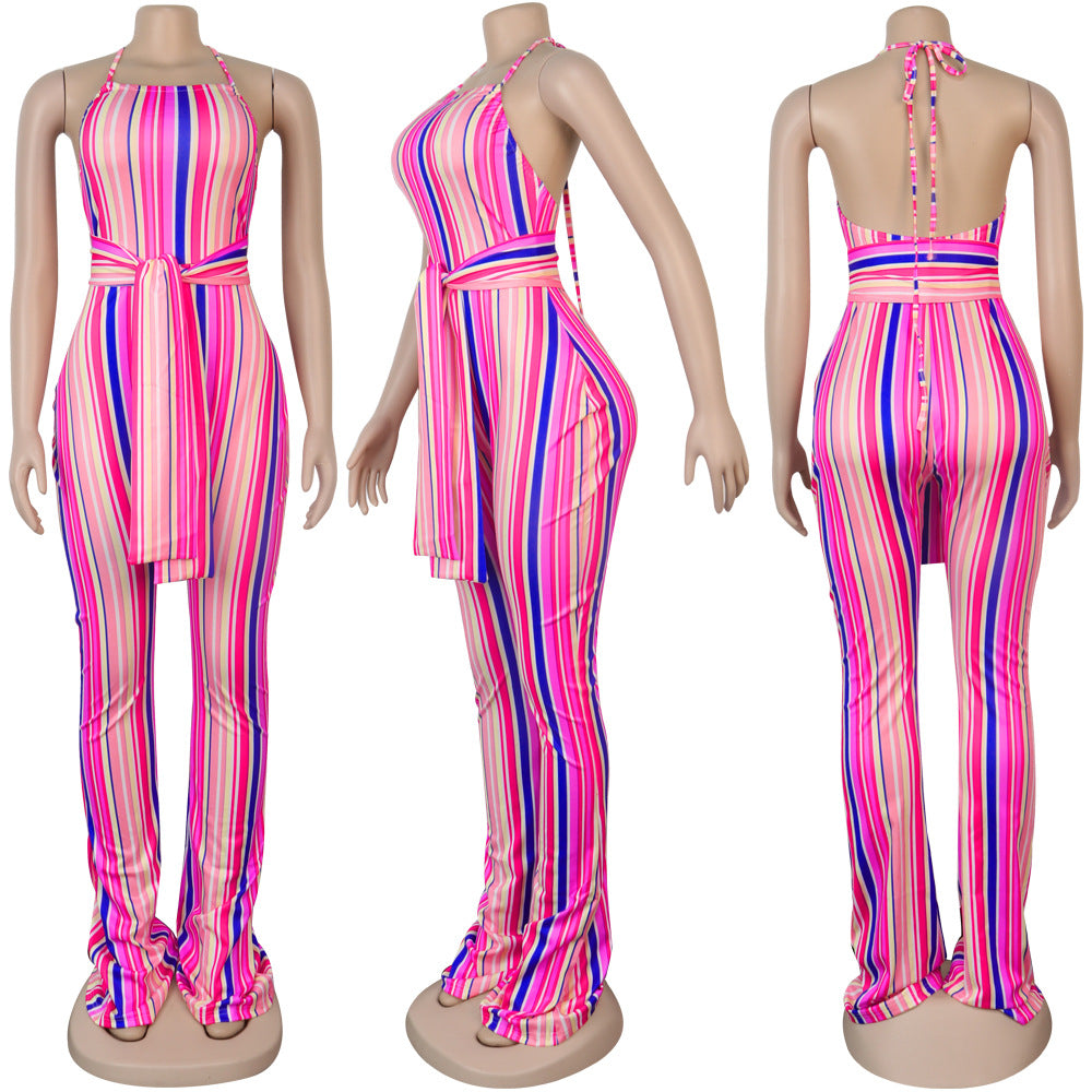 Multi-Color Striped Halter Neck Slim Fit Bell Bottom Women's Jumpsuit 15