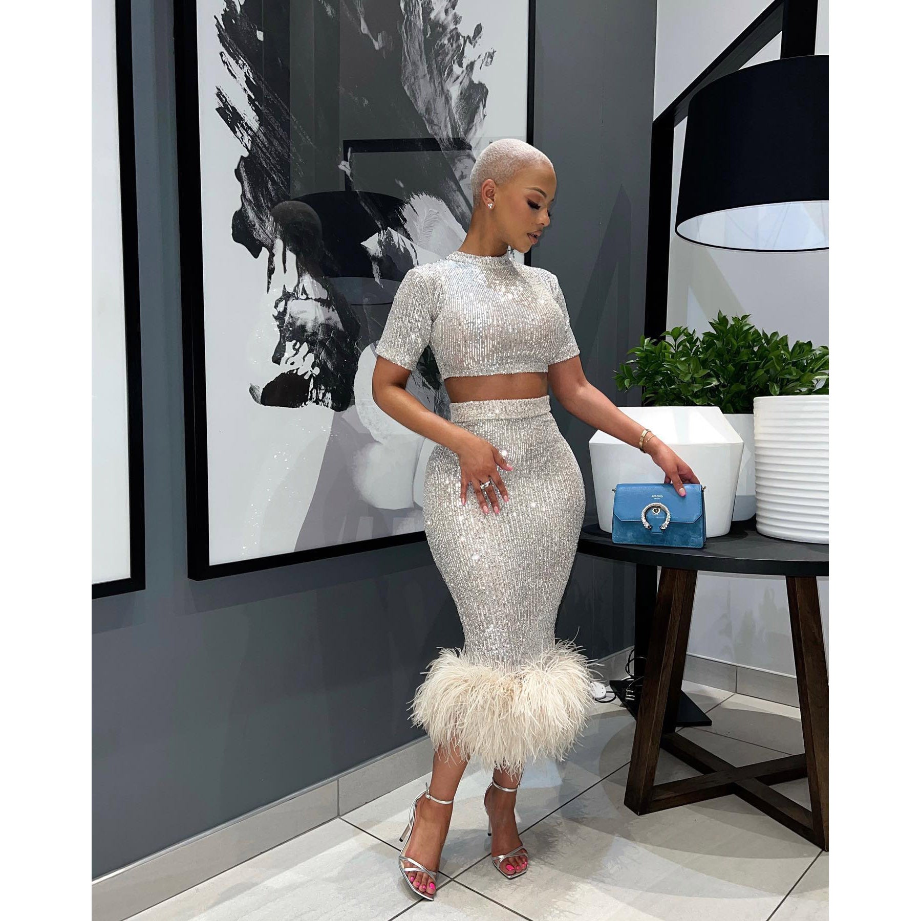 Ladies Fashion Sequin Short Sleeve Bodycon Sexy Feather Dress 5