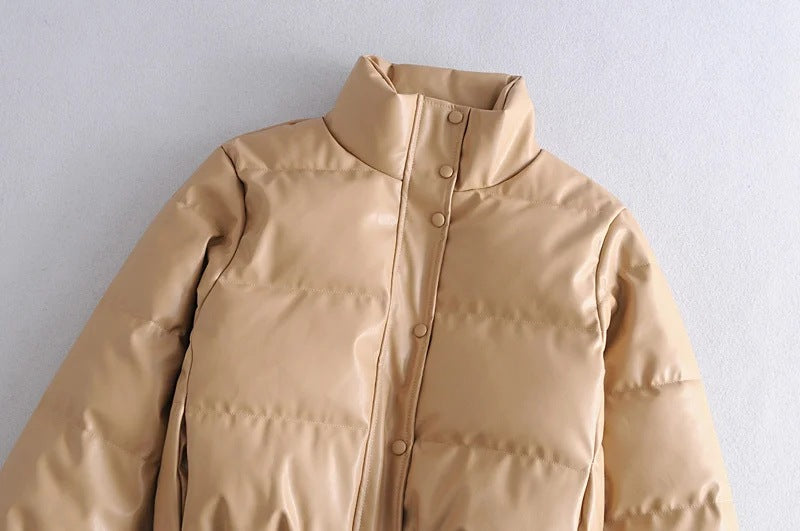 Leather Casual solid color leather cotton-padded Stand Collar jacket 41