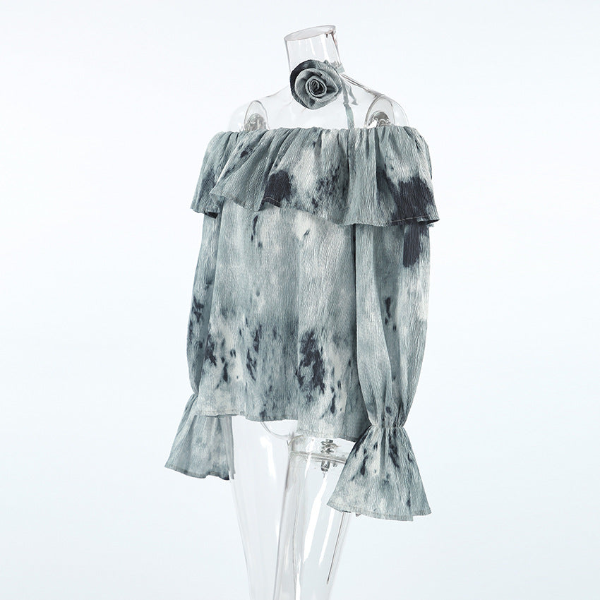 Women Floral Casual Print Off Shoulder Lace-up Bell Bottom Sleeve Top 7